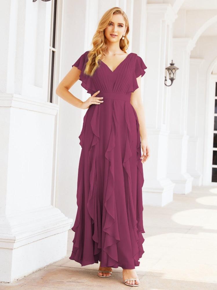 Ruffled Bridesmaid Dresses with Sleeves Long Formal Party Dress 28041