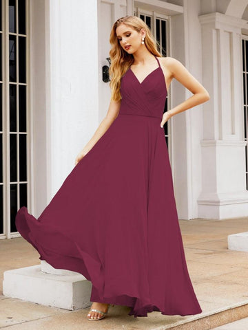 Baoleely Halter Chiffon Bridesmaid Dresses Wedding Appare Sleeveless Formal Prom Dress with Ruffled Back 28035
