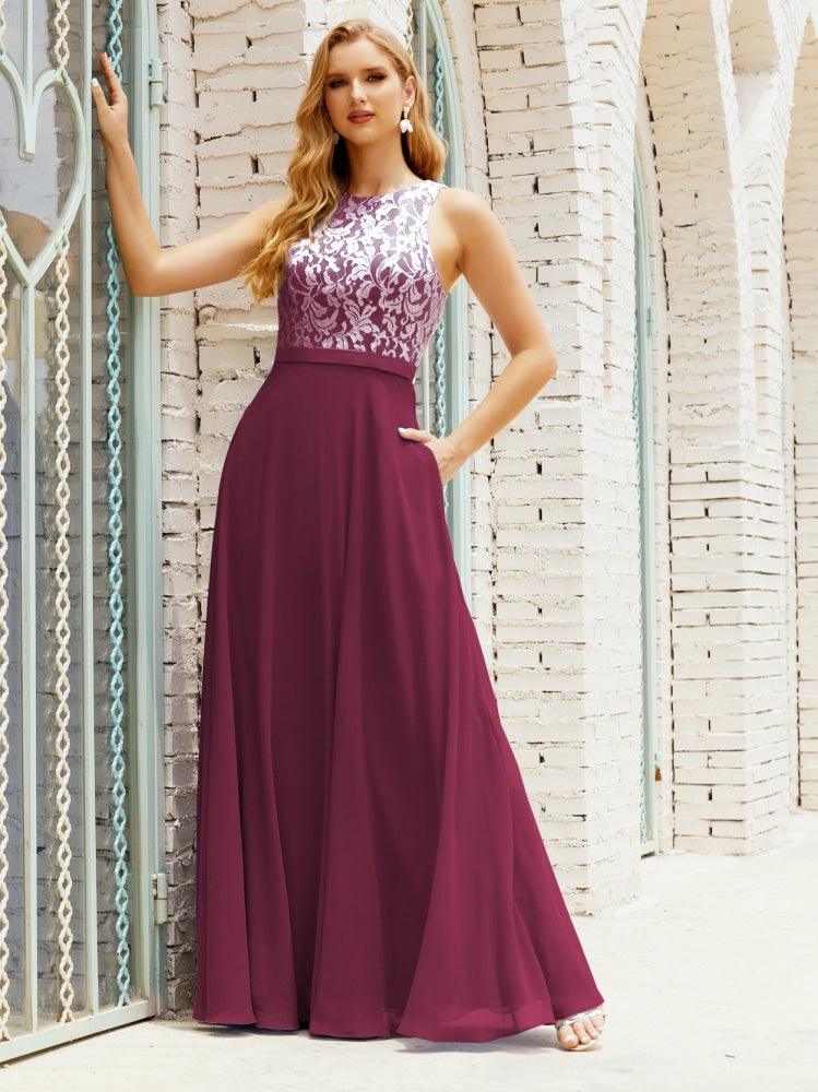 Vestido de dama de honor de encaje, largo hasta el suelo, con bolsillos, 28017 