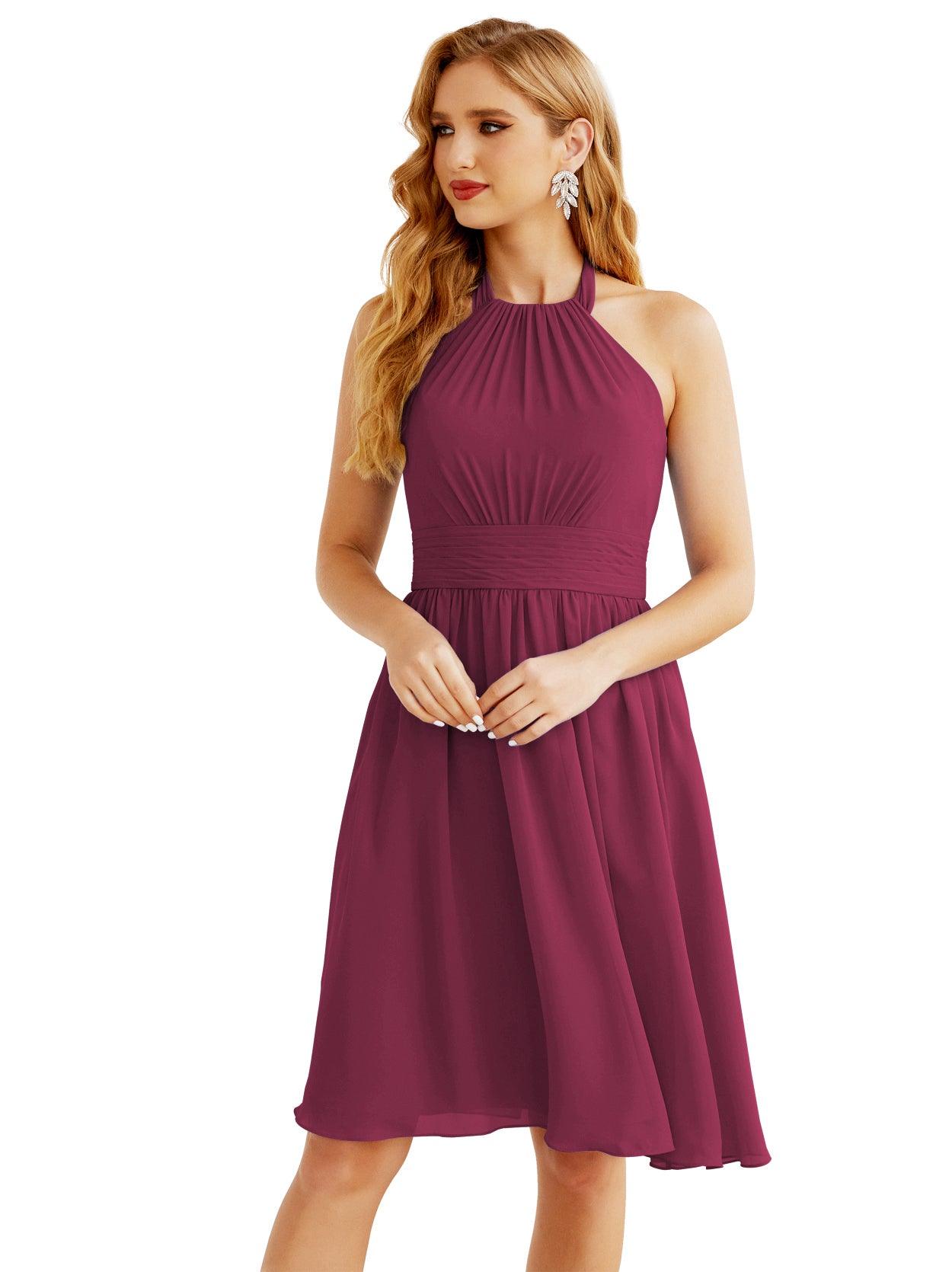 Baoleely - Vestido de dama de honor de gasa con cuello halter, corto, sin mangas, formal, para fiesta, espalda descubierta, 28023 