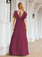 Baoleely Women's Open Back Formal Evening Party Prom Gowns V-Neck Long Chiffon Bridesmaid Dresses with Waist Belt 28038