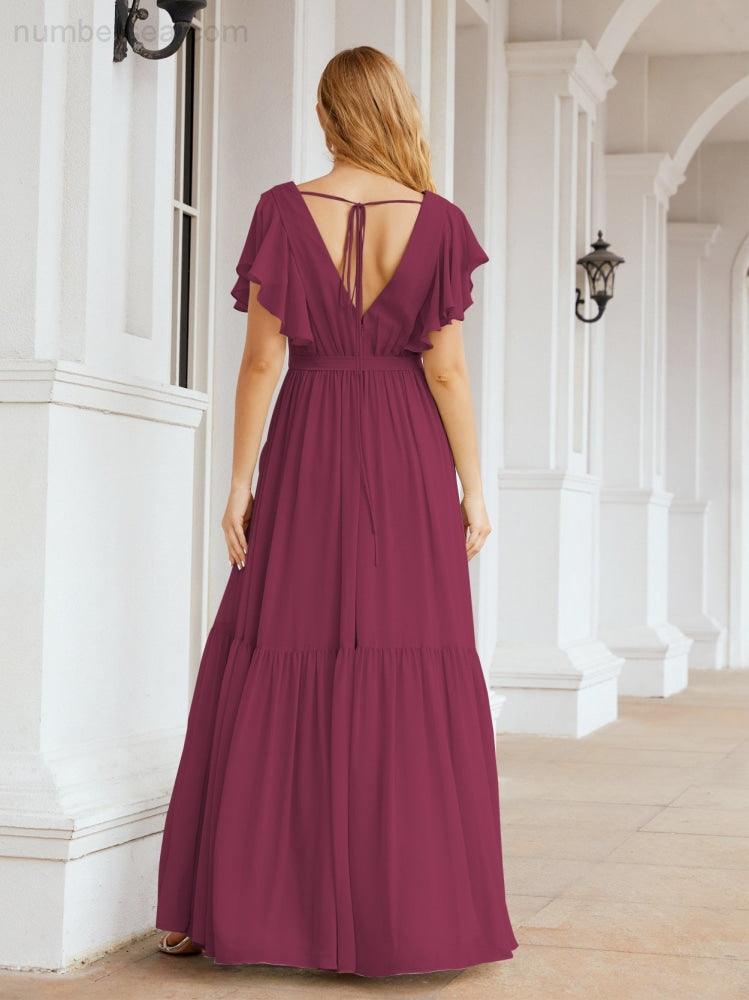 Baoleely Women's Open Back Formal Evening Party Prom Gowns V-Neck Long Chiffon Bridesmaid Dresses with Waist Belt 28038