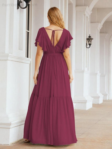 Vestido de fiesta formal de noche con espalda descubierta para mujer Baoleely, escote en V, largo, de gasa, con cinturón a la cintura 28038