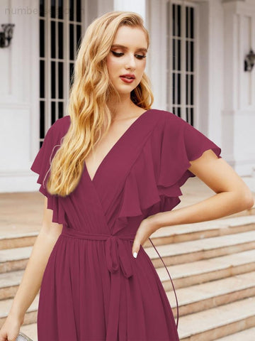 Vestido de fiesta formal de noche con espalda descubierta para mujer Baoleely, escote en V, largo, de gasa, con cinturón a la cintura 28038