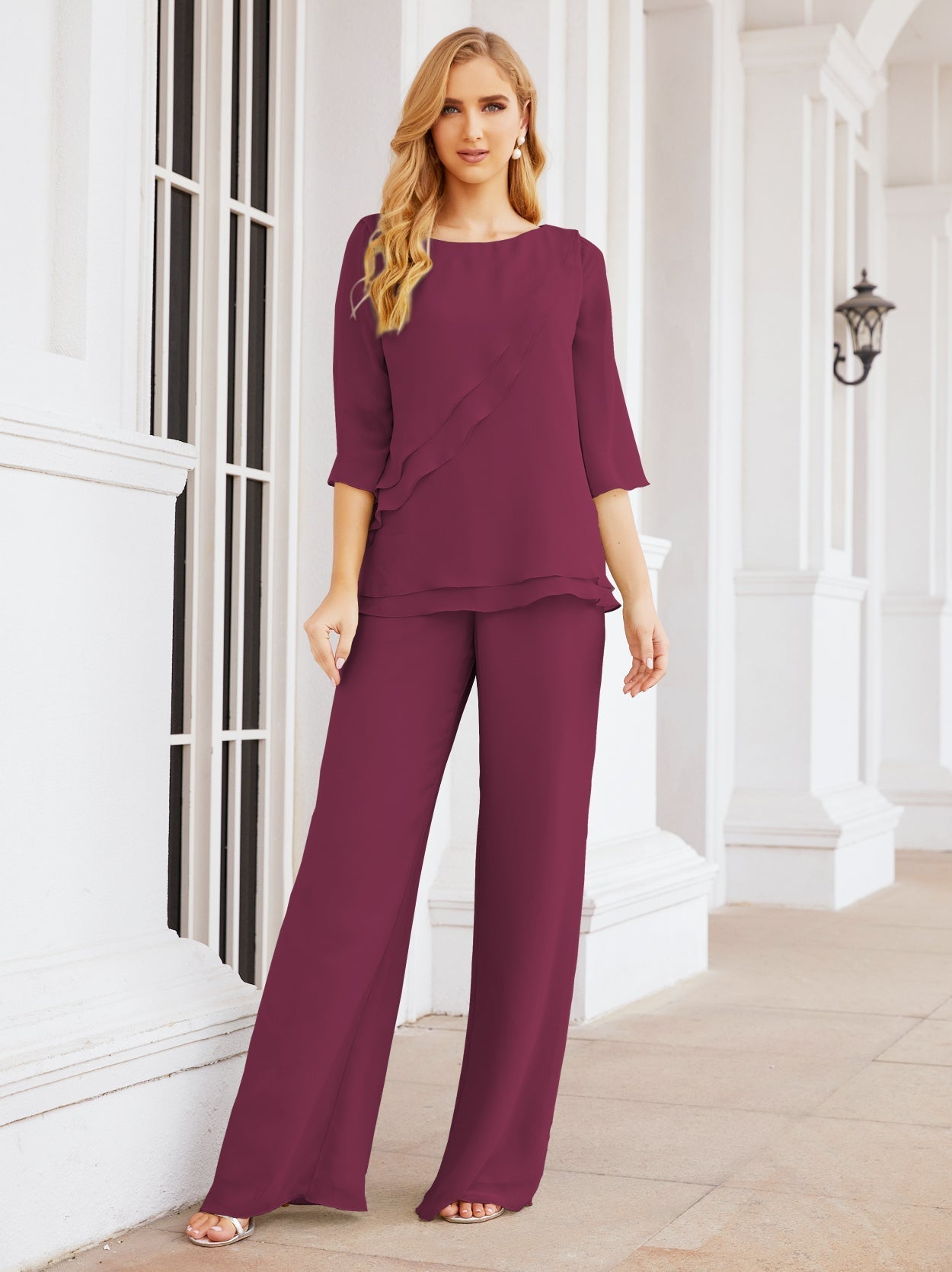 Baoleely Élégante robe mère de la mariée 2 pièces, grande taille, pantalon, volants, couches argentées, peignoir 28064