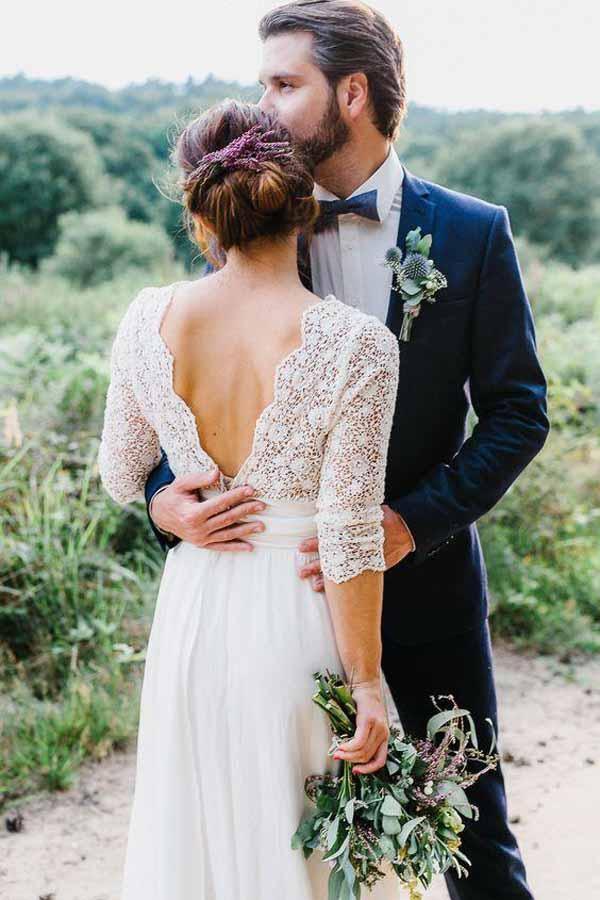 Vestidos de novia de gasa con encaje, espalda descubierta y mangas 3/4 transparentes WD291 