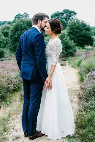 Vestidos de novia de gasa con encaje, espalda descubierta y mangas 3/4 transparentes WD291 