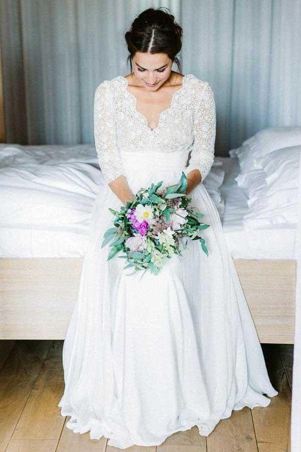 Vestidos de novia de gasa con encaje, espalda descubierta y mangas 3/4 transparentes WD291 