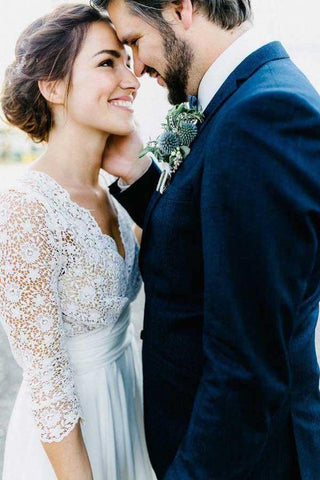 Vestidos de novia de gasa con encaje, espalda descubierta y mangas 3/4 transparentes WD291 