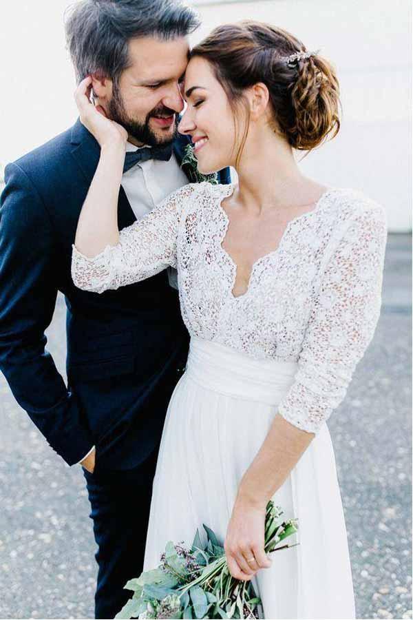 Vestidos de novia de gasa con encaje, espalda descubierta y mangas 3/4 transparentes WD291 