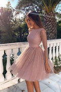 Vestido corto de fiesta rosa con mangas 3/4 y espalda descubierta PD330