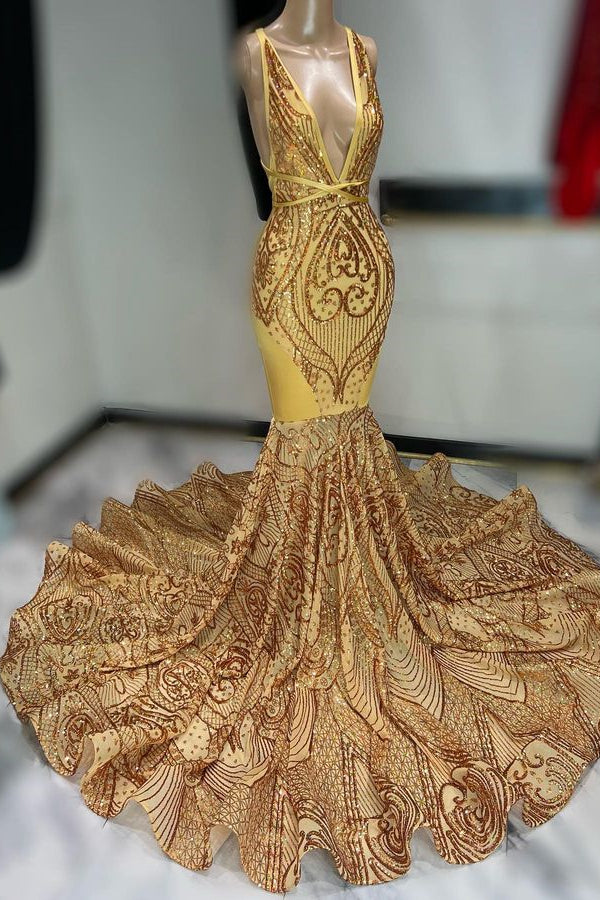 Robe de bal sans manches à épaules dénudées, ornée de sequins dorés foncés et d'appliqués, col en V
