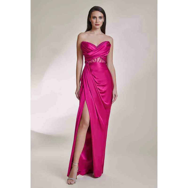 Robe de soirée longue en satin froncé à col en V et sans manches