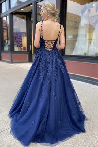 Robe de bal longue bleue à appliques