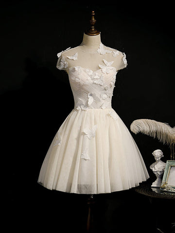 Champagne Lace Up Butterfly Appliques Tulle Homecoming Dresses