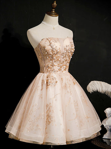 Champagne Strapless Sequins Tulle Short Homecoming Dresses