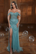 Long Mermaid Off the Shoulder Tulle Beads Sequins Prom Dresses with Slit