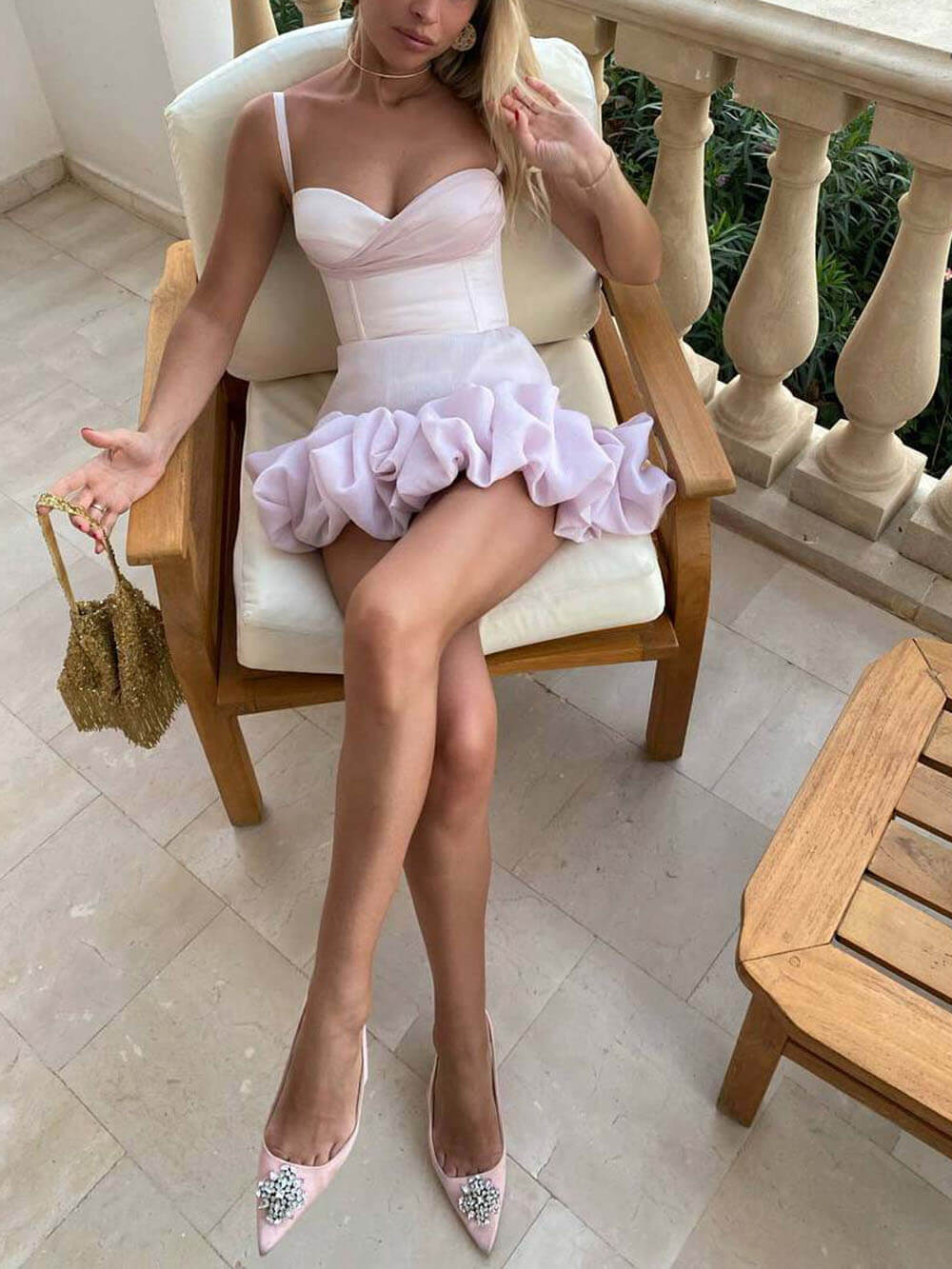 Robe bustier mini drapée à volants 