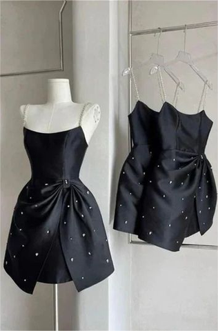 Black Short Prom Dress Satin Dress Homecoming Dress With Beaded Y7654