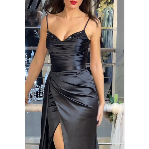 Sweetheart Beaded Straps Satin Pleats Long Prom Dress with Split Evening Gowns