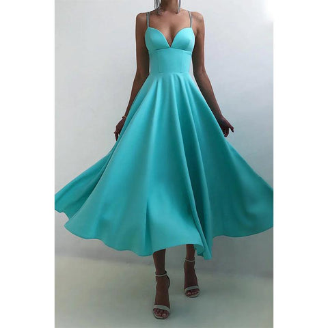 Robe de soirée simple à bretelles spaghetti et col en V 