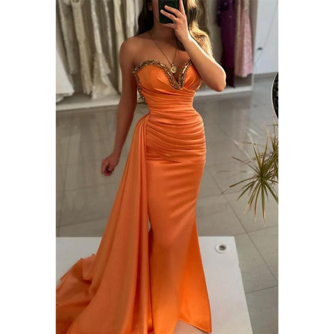 Vestido de noche para fiesta, graduación, con escote en forma de corazón, sin tirantes, con cuentas y fruncido, y cola 