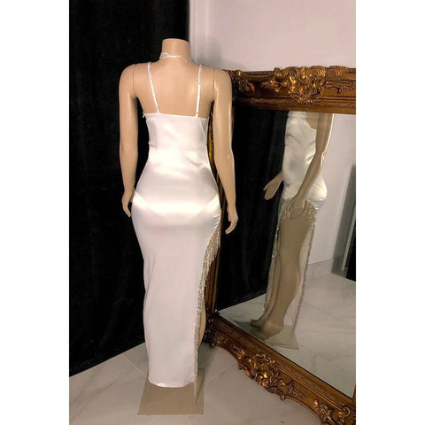 Robe de bal longue à bretelles spaghetti et col en V, avec fente et perles