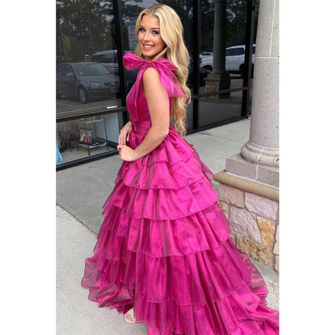 V-neck Ball Gown Long Prom Dress with Bowknots Evening Gowns