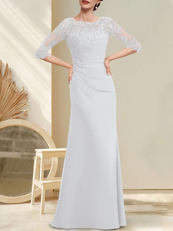 Robe de mariée trapèze en mousseline de soie et dentelle, longue jusqu'au sol, ornée de perles et de sequins plissés, idéale pour la mère de la mariée.