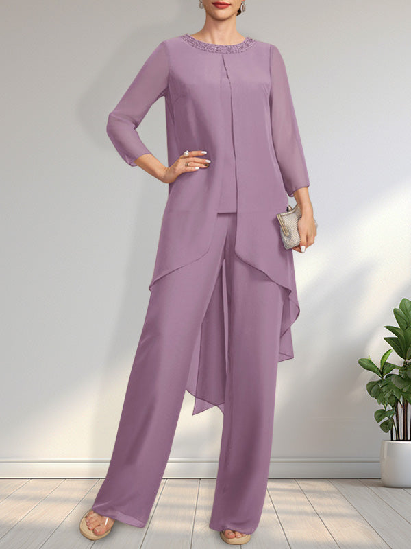 Vestido de dos piezas para la madre de la novia: mono/pantalón de gasa con escote redondo y largo hasta el suelo, adornado con lentejuelas y pedrería.