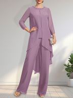 Vestido de dos piezas para la madre de la novia: mono/pantalón de gasa con escote redondo y largo hasta el suelo, adornado con lentejuelas y pedrería.
