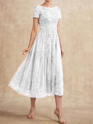 A-line Scoop Tea-Length Tulle Lace Mother of the Bride Dress