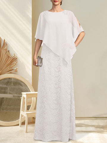 Vestido de novia de corte recto/columna, largo hasta el suelo, de gasa con encaje y lentejuelas, con escote redondo y pedrería.