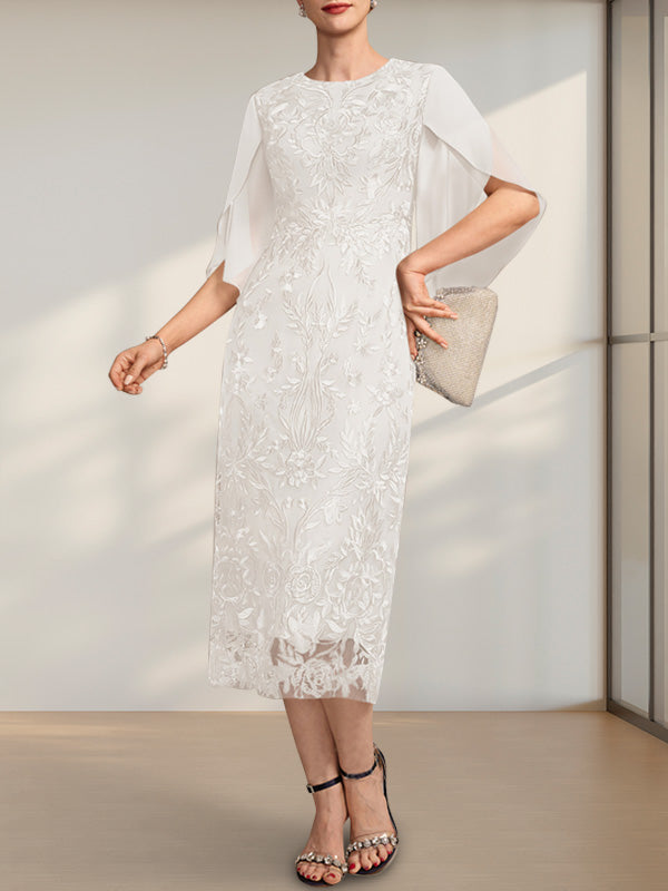 Robe fourreau/colonne en mousseline de dentelle, longueur thé, pour la mère de la mariée