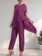 Vestido de gasa de dos piezas para la madre de la novia: mono/traje pantalón con escote redondo y largo hasta el tobillo.
