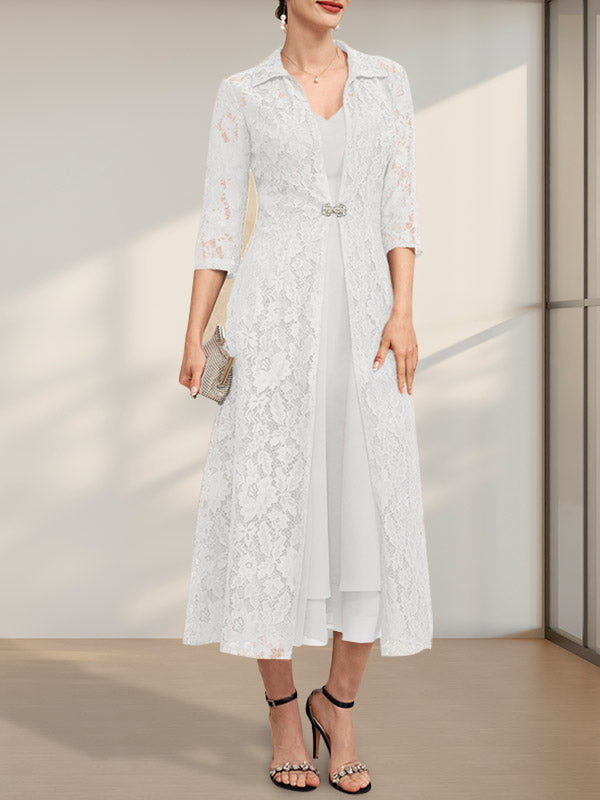Robe de mère de la mariée en mousseline, coupe trapèze, col en V, longueur thé