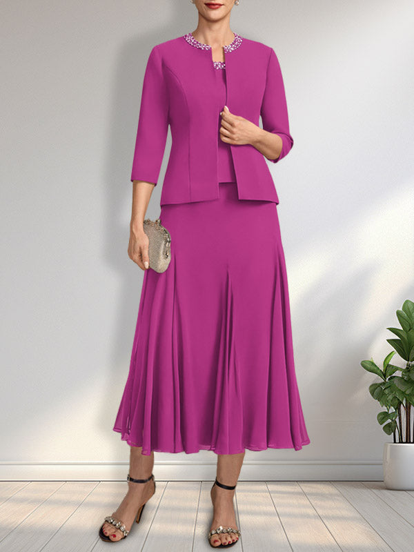 Vestido de novia de gasa, corte línea A, escote redondo, largo té, con lentejuelas y pedrería. 