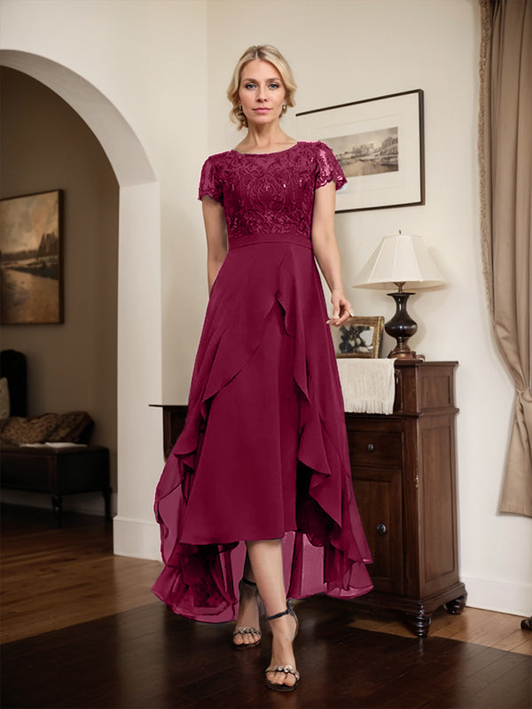 Vestido de novia asimétrico de gasa con encaje, corte en A, escote ilusión, detalle de lazo, volantes y lentejuelas para la madre de la novia 