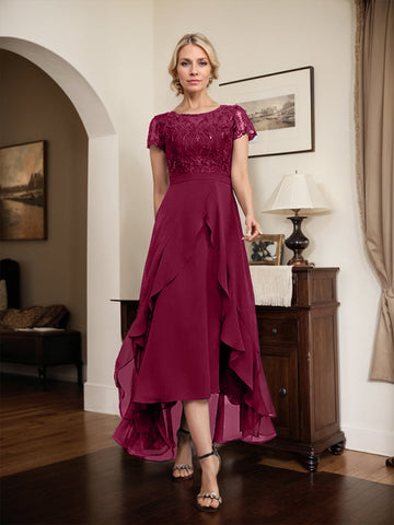 A-line Scoop Illusion Asymmetrical Chiffon Lace Mother of the Bride Dress With Bow Ruffle Sequins