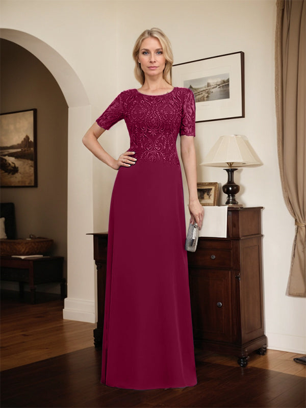Vestido de novia de corte línea A, escote redondo, largo hasta el suelo, de encaje y gasa con lentejuelas.