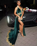 Robe de soirée sexy en velours vert velours, ornée d'appliqués dorés et de perles, fendue, robe d'anniversaire noire pour fille Y8122