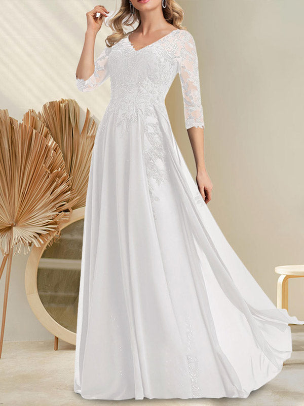 Vestido de novia de corte A, escote en V, largo hasta el suelo, de gasa de encaje con lentejuelas para la madre de la novia