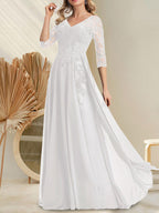 Vestido de novia de corte A, escote en V, largo hasta el suelo, de gasa de encaje con lentejuelas para la madre de la novia