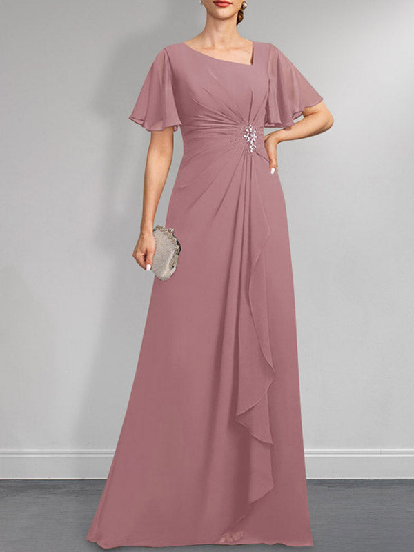 Vestido de corte A asimétrico hasta el suelo para la madre de la novia, de gasa, con lentejuelas y plisados.