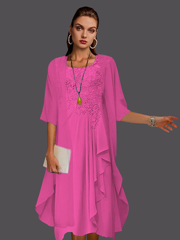 Vestidos de dos piezas de corte A, de gasa, encaje, sin mangas, con chaqueta, pliegues y apliques. 