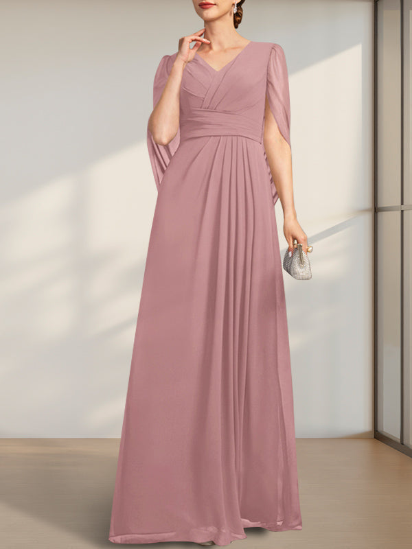 Vestido de gasa de corte A, escote en V y largo hasta el suelo para la madre de la novia, con pliegues