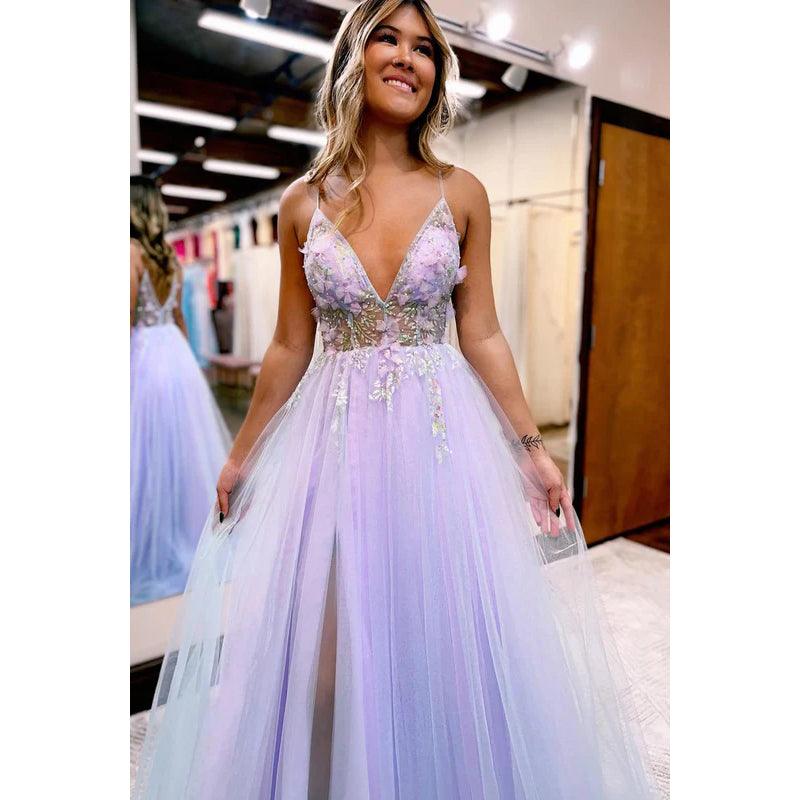 Robe de bal de fin d'année glamour et spectaculaire, col en V, bretelles spaghetti, ligne A, fente en tulle