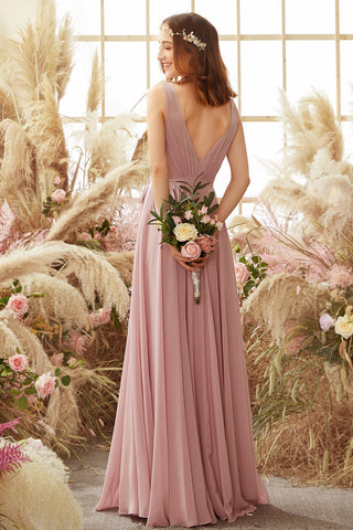Robe de demoiselle d'honneur longue en mousseline rose poudré à col en V