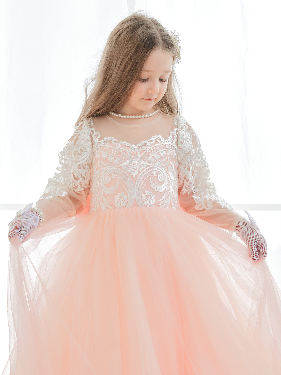 Vestidos de niña de las flores de corte A, manga larga, encaje y tul, color rosa (2003227575) 