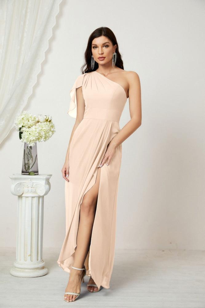 Baoleely  Chiffon Ruffled One Shoulder Long Bridesmaid Dresses A-line Formal Evening Gown Side Split 2809